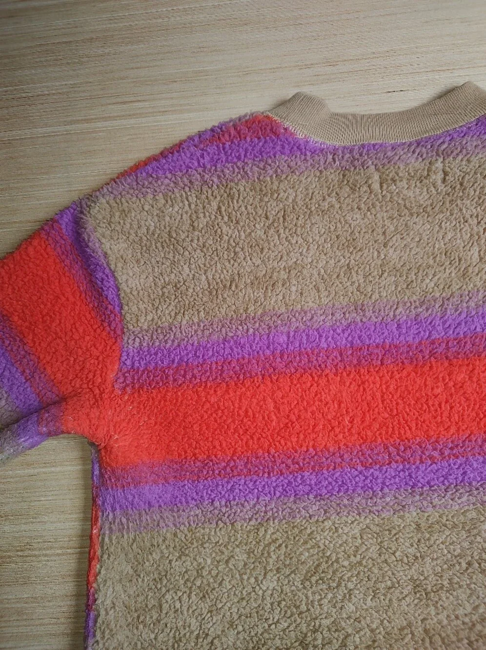 Koolaburra UGG Fuzzy Sherpa Pullover Sweatshirt Beige Orange Striped Sweater M P